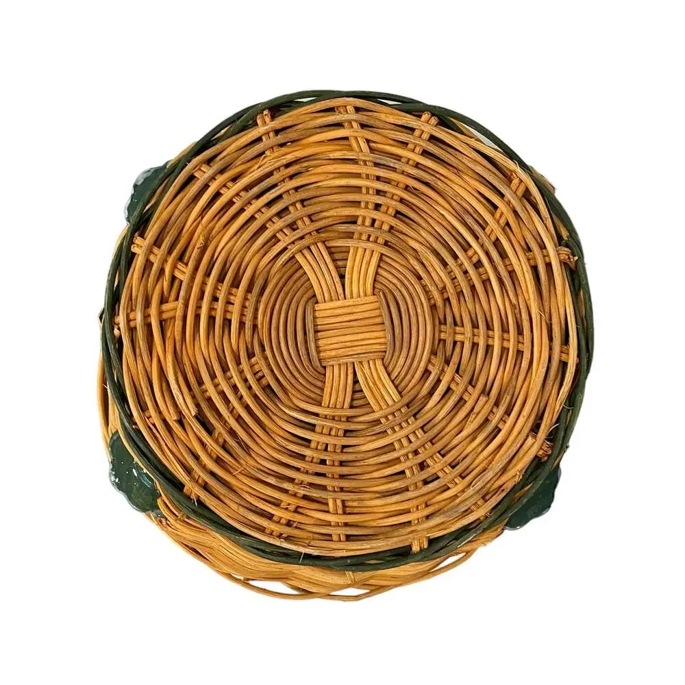 Decorative Round Wicker Holiday Basket with Ceramic Christmas Trees